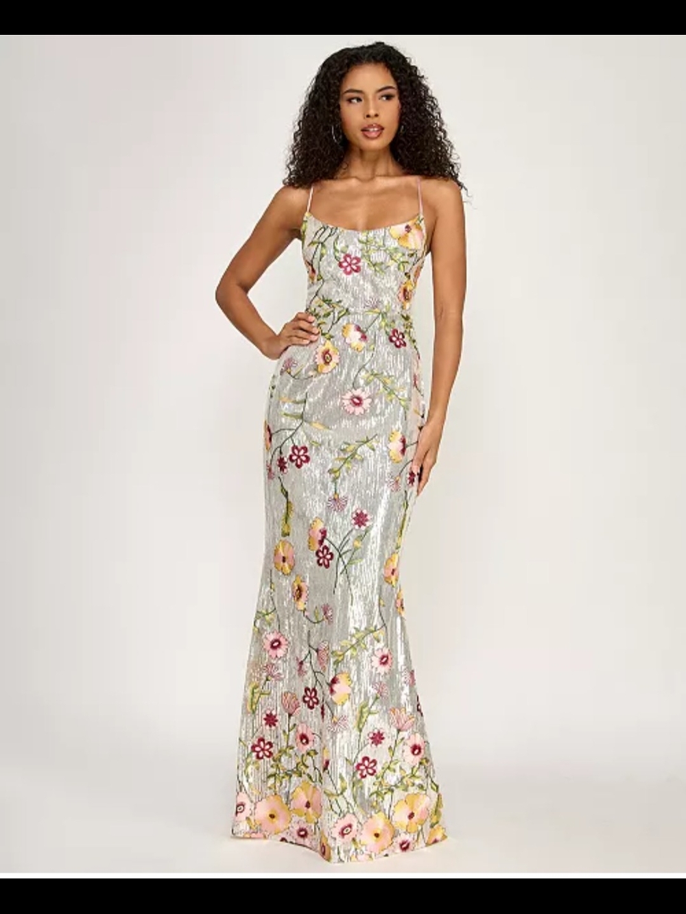 Silver Floral Sequin Dress - Elegant Strappy Evening Gown